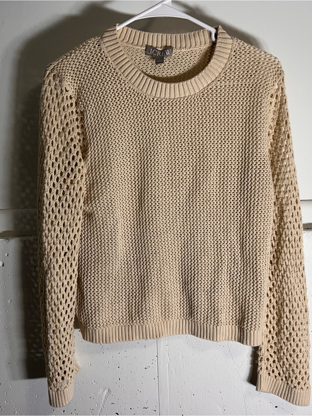 J. Crew Open-Knit Crewneck Sweater in Beige